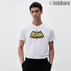 Bateman Horror Logo Dripping Bat Emblem Shirt on white v-neck shirt for men graphic tee