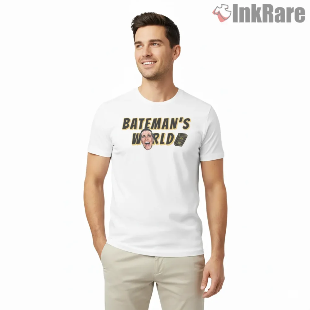 Bateman World American Psycho Logo Shirt on white short sleeve shirt for men graphic tee