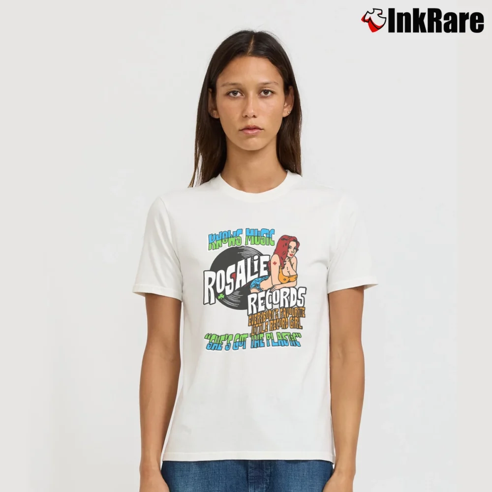 Women’s Bathroom Wall Rosalie Records Inspired Rock Signature T-Shirt in white | Soft, Flattering Fit