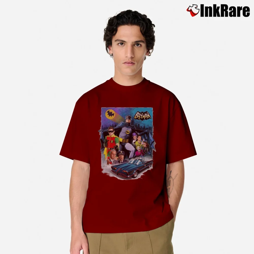 Men’s Batman 1966 TV Series Cast Design Retro Classic T-Shirt in maroon | Soft, Breathable Everyday Wear