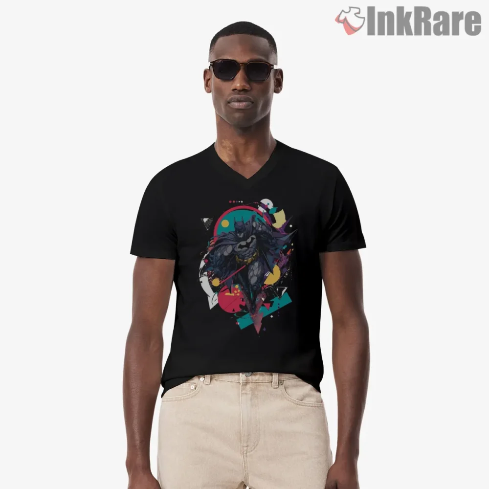 Batman Abstract Neon Action Pose Shirt on black v-neck shirt for men graphic tee