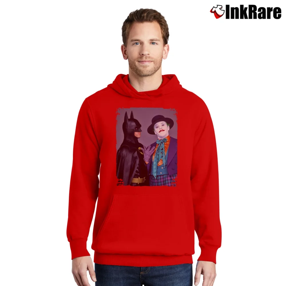 Men’s Batman And Joker Michael Keaton Jack Nicholson Movie Pullover Hoodie in red | Cozy, Durable, Modern Fit