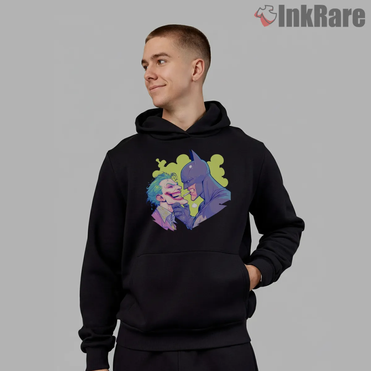 Batman And Joker Neon Faceoff Shirt on black hoodie for men graphic tee