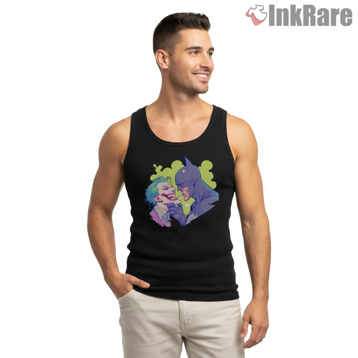 Batman And Joker Neon Faceoff Tank Top Black Batman And Joker Neon Faceoff Shirt on black tank top for men graphic tee