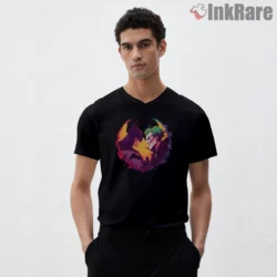 Batman And Joker Neon Rivalry Heart Shirt on black v-neck shirt for men graphic tee
