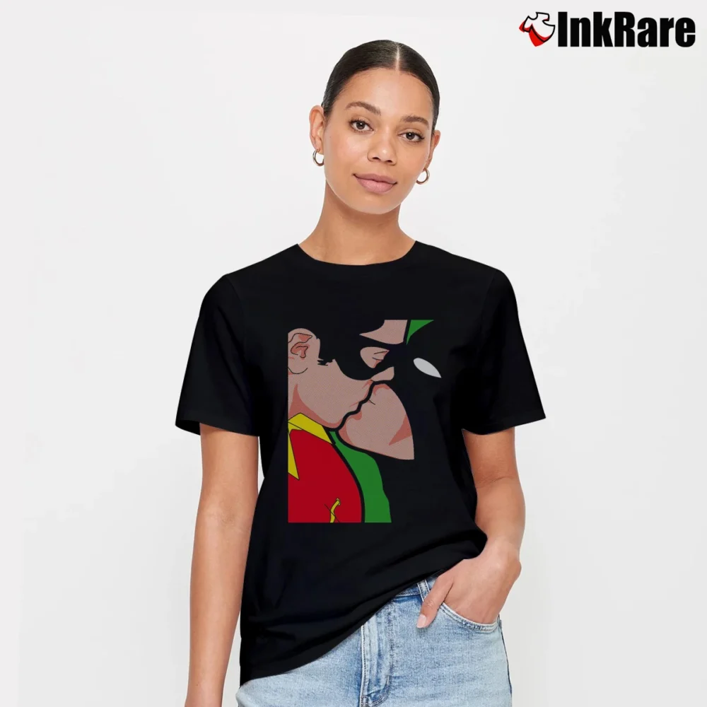 Women’s Batman And Robin Funny Kiss Parody Comic Signature T-Shirt in black | Soft, Flattering Fit