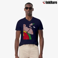 Men’s Batman And Robin Funny Kiss Parody Comic V-Neck Tee in navy | Sharp, Breathable, Everyday Staple