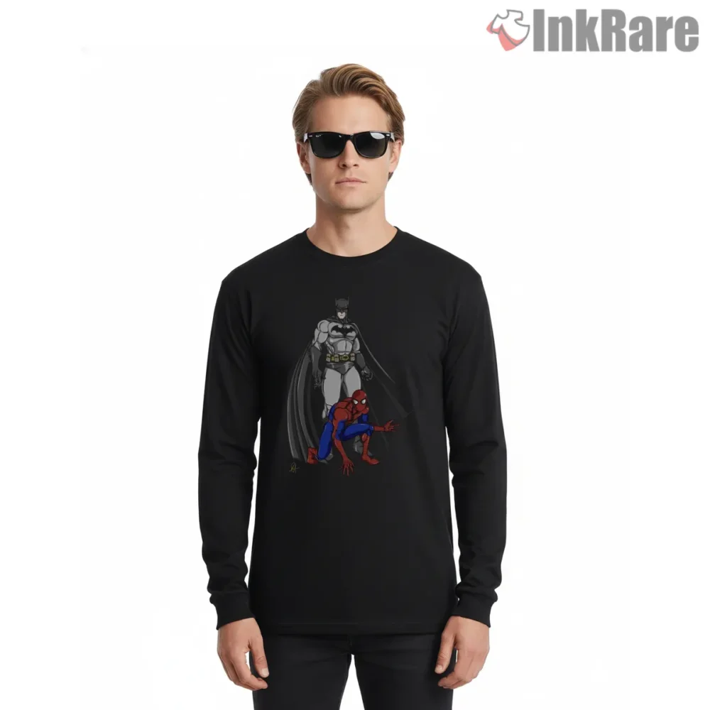 Batman And Spider Hero Team Up Shirt on black long sleeve shirt for men graphic tee