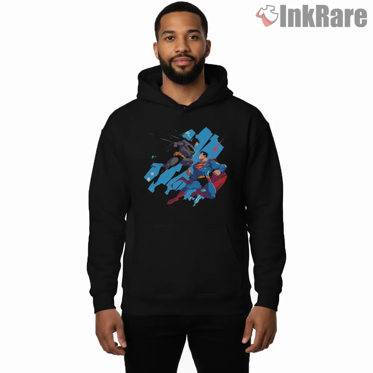 Batman And Superman Dynamic Flight Shirt on black hoodie for men graphic tee
