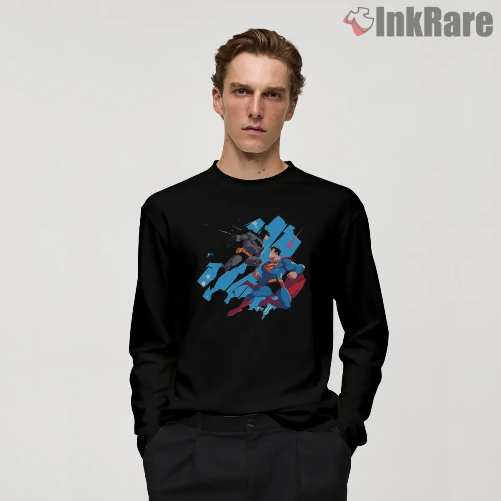 Batman And Superman Dynamic Flight Shirt on black long sleeve shirt for men graphic tee