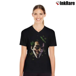 Women’s Batman Arkham Origins Joker Laughing Ha Ha Graphic V-Neck Tee in black | Chic Neckline, Soft Texture