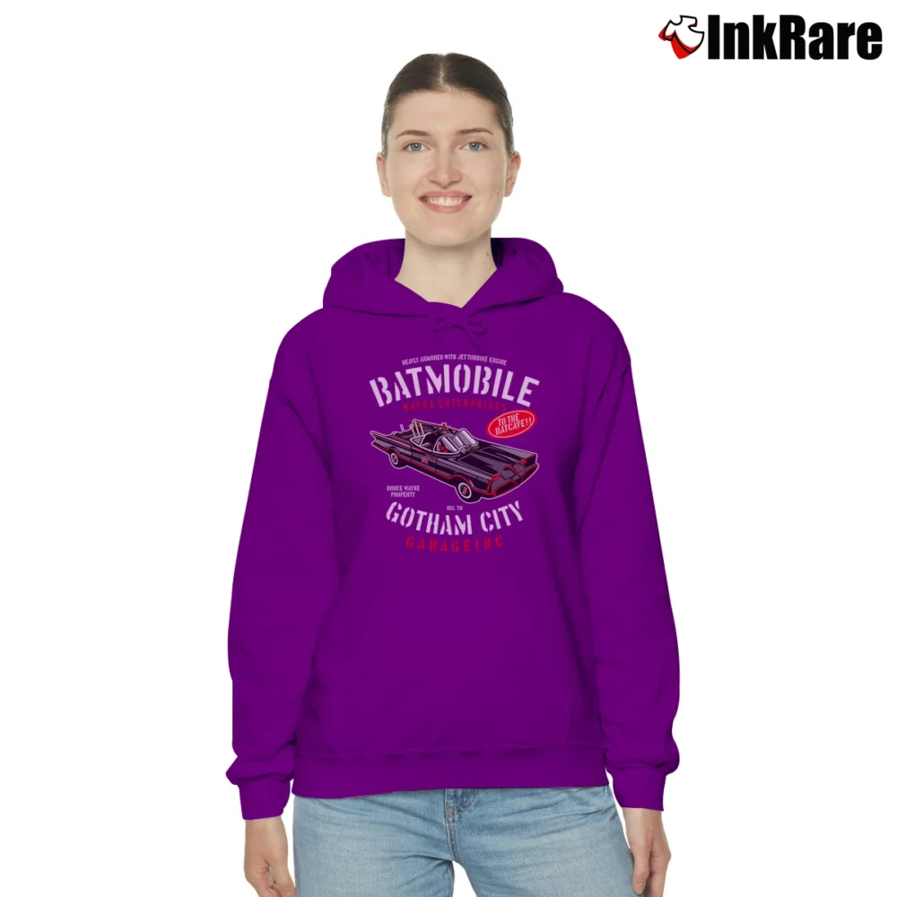 Women’s Batman Batmobile Gotham City Garage Graphic Cozy Hoodie in purple | Warm, Structured, Stylish