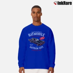 Men’s Batman Batmobile Gotham City Garage Graphic Long-Sleeve Shirt in royal blue | Sleek, Lightweight, Year-Round Wear