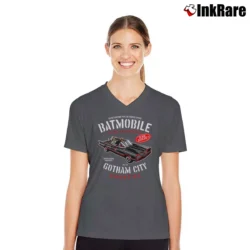 Women’s Batman Batmobile Gotham City Garage Graphic V-Neck Tee in charcoal | Chic Neckline, Soft Texture
