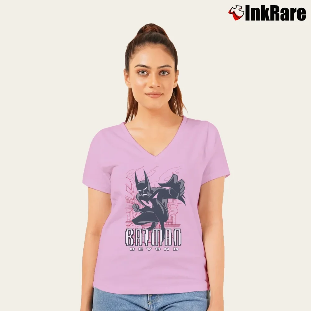 Women’s Batman Beyond Engage Hero V-Neck Tee in light pink | Chic Neckline, Soft Texture
