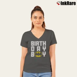 Women’s Batman Birthday Boy Hero Comic V-Neck Tee in charcoal | Chic Neckline, Soft Texture