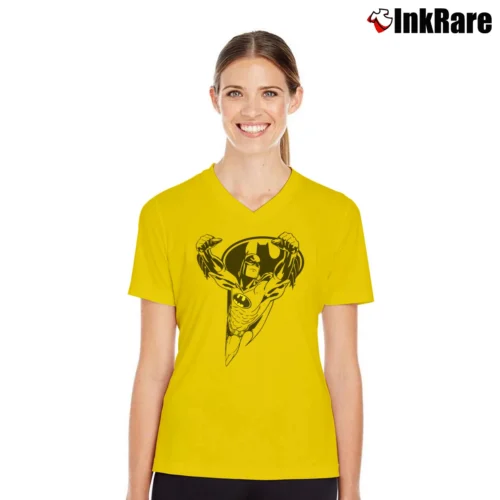 Batman Cartoon Logo Women’s V-Neck Tee in yellow – Flattering Fit Women’s Batman Cartoon Logo V-Neck Tee in yellow | Chic Neckline, Soft Texture
