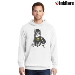 Men’s Batman Cat In Costume Funny Comic Graphic Pullover Hoodie in white | Cozy, Durable, Modern Fit