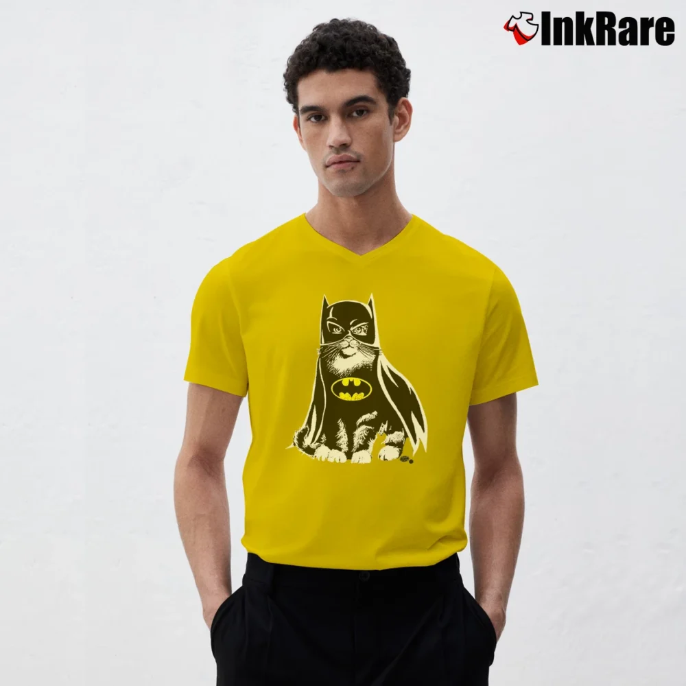 Men’s Batman Cat In Costume Funny Comic Graphic V-Neck Tee in yellow | Sharp, Breathable, Everyday Staple