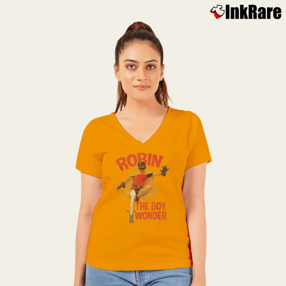 Women’s Batman Classic TV Series Robin The Boy Wonder V-Neck Tee in orange | Chic Neckline, Soft Texture
