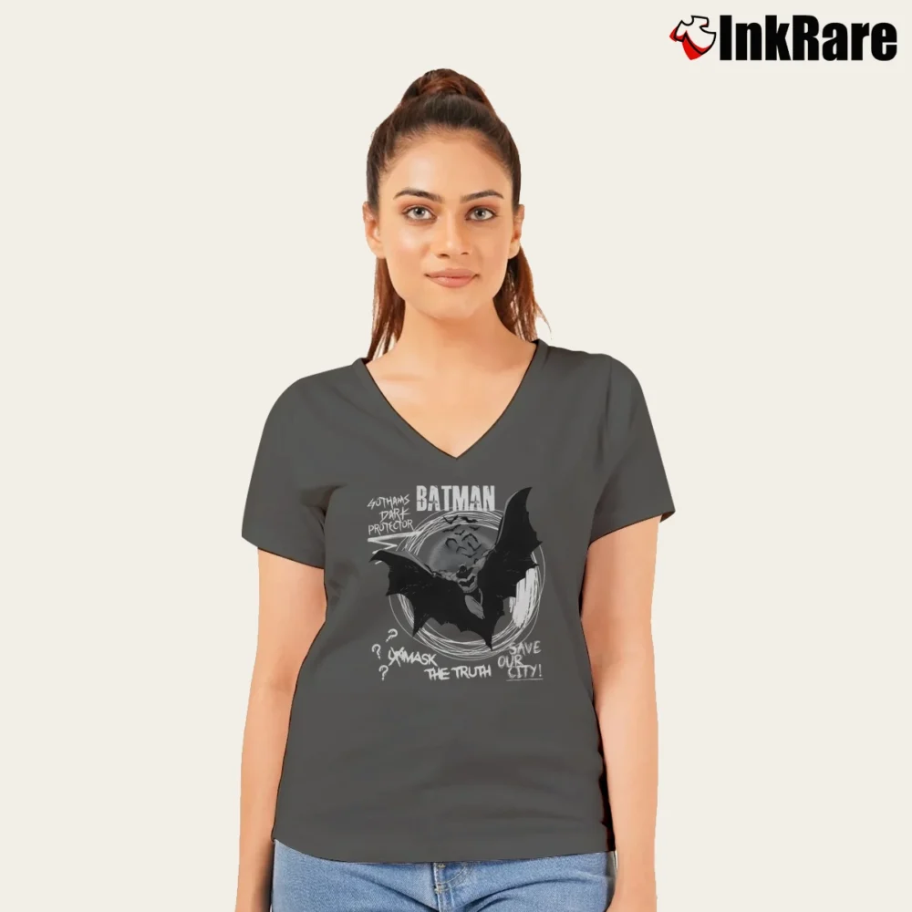 Women’s Batman Comic Book Cover Art Graphic V-Neck Tee in charcoal | Chic Neckline, Soft Texture
