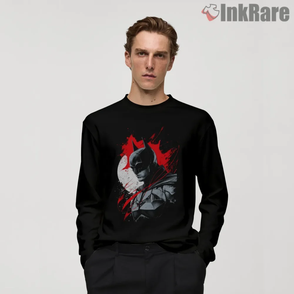 Batman Crimson Spotlight Portrait Shirt on black long sleeve shirt for men graphic tee