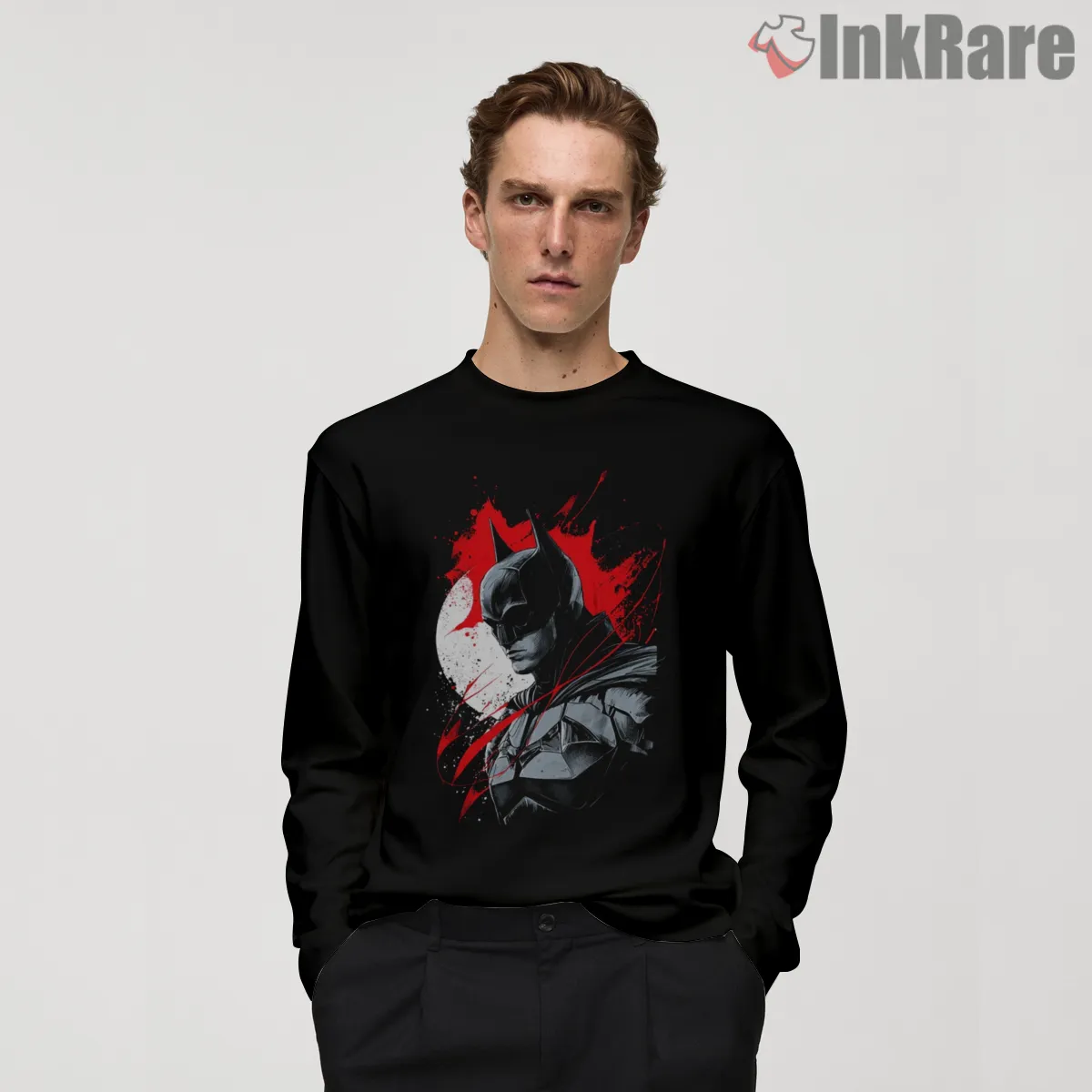 Batman Crimson Spotlight Portrait Long Sleeve Black Batman Crimson Spotlight Portrait Shirt on black long sleeve shirt for men graphic tee