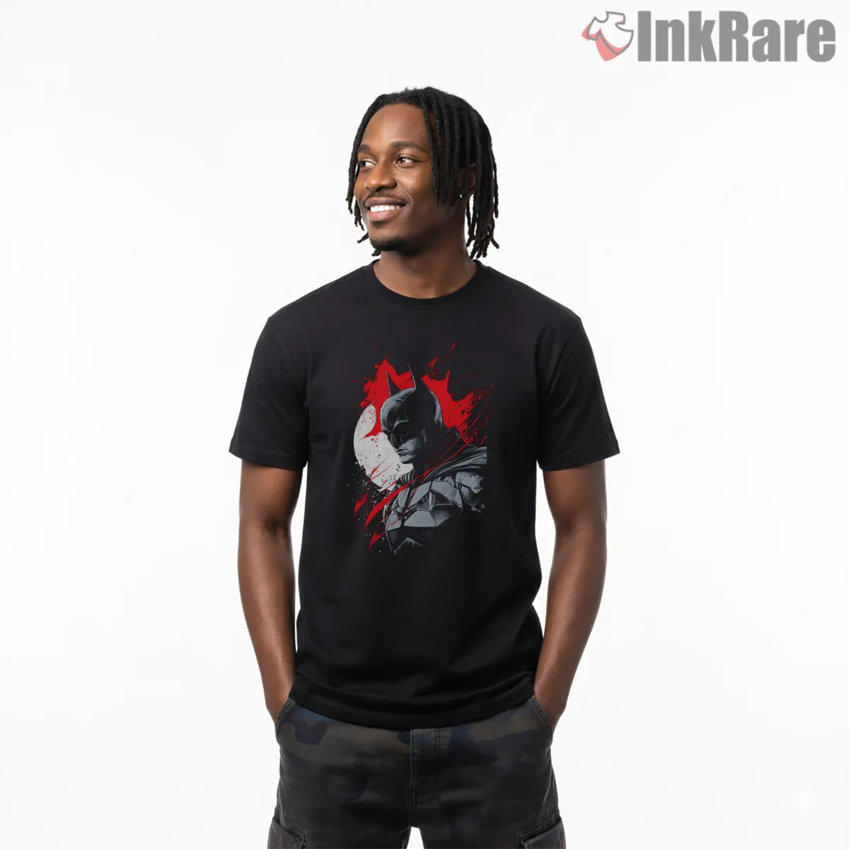 Batman Crimson Spotlight Portrait Shirt on black short sleeve shirt for men graphic tee