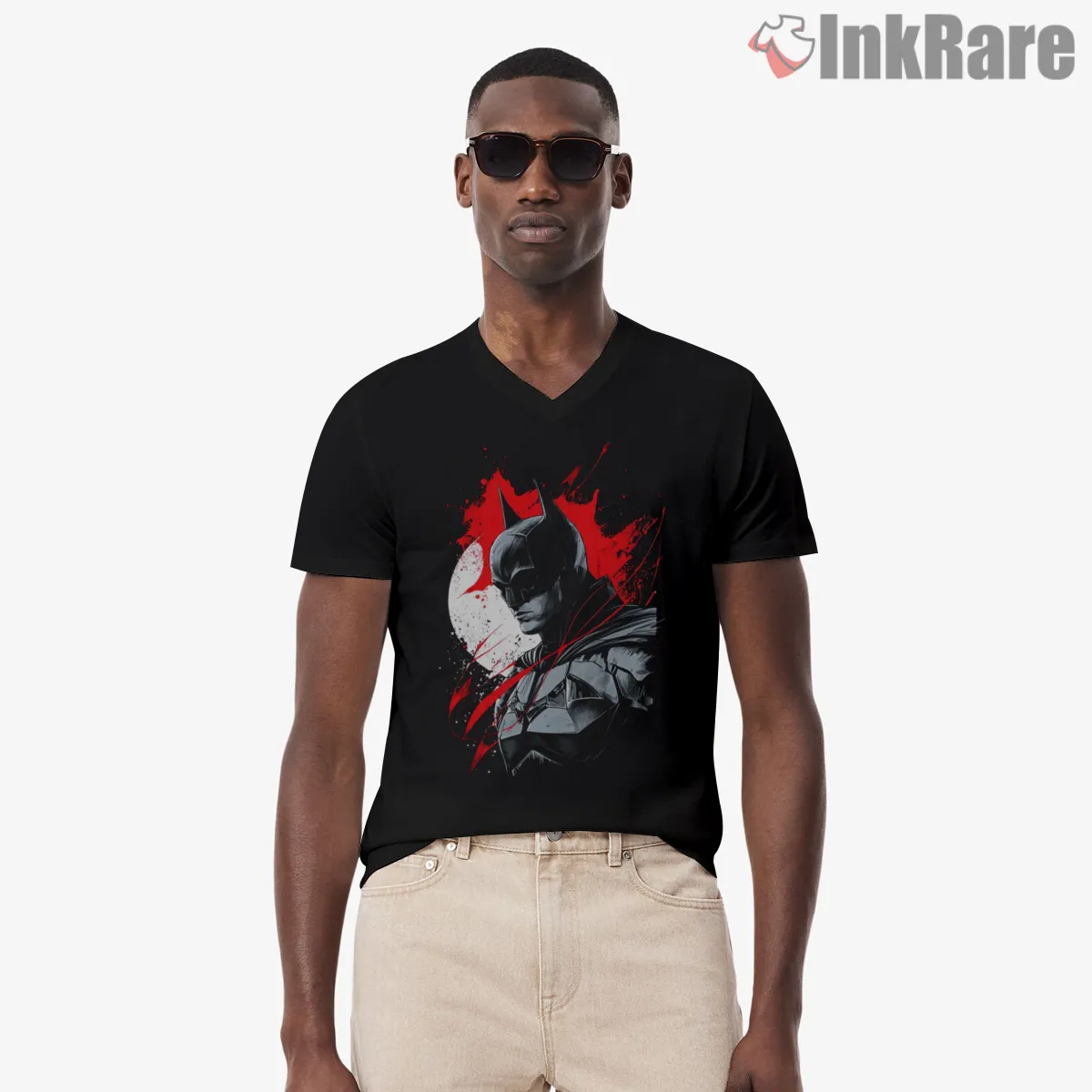 Batman Crimson Spotlight Portrait V Neck Black Batman Crimson Spotlight Portrait Shirt on black v-neck shirt for men graphic tee