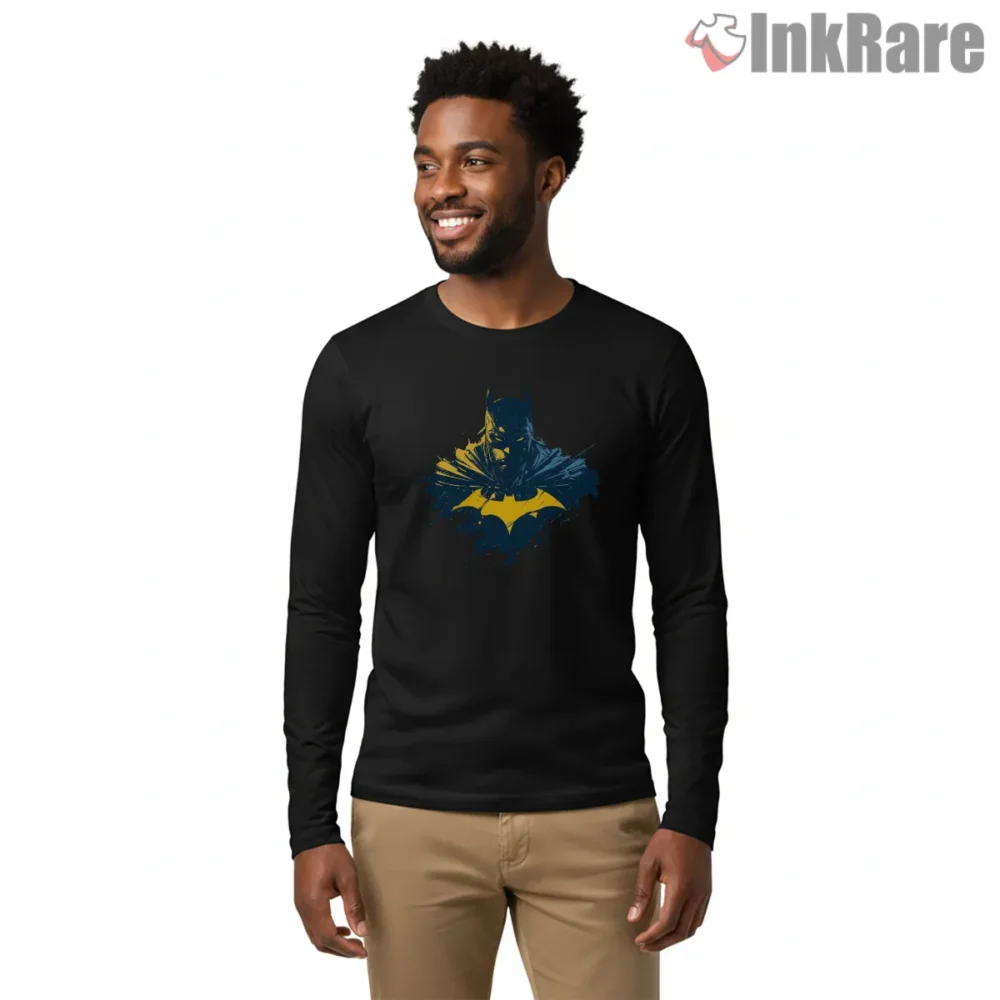 Batman Electric Yellow Emblem Splash Shirt on black long sleeve shirt for men graphic tee