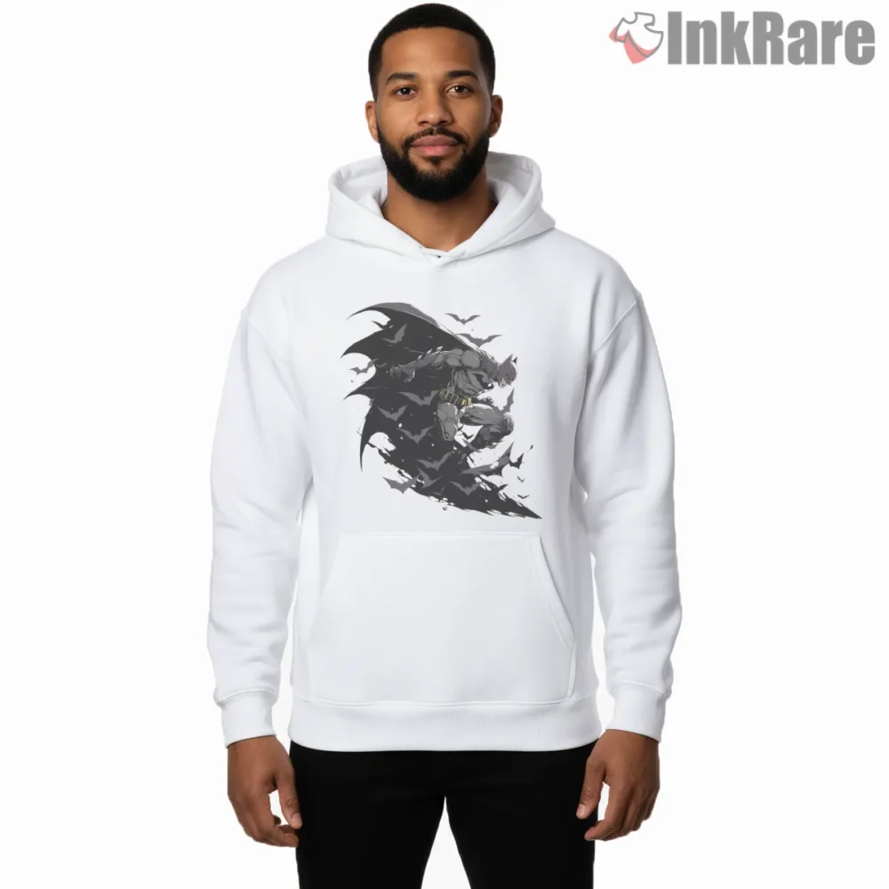 Batman Fierce Cape Strike Shirt on white hoodie for men graphic tee