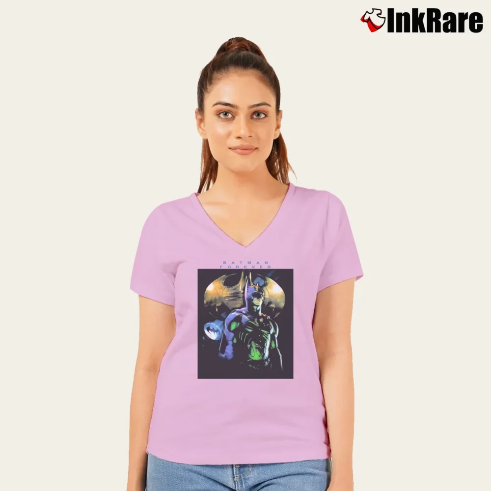 Women’s Batman Forever 1995 Promo V-Neck Tee in light pink | Chic Neckline, Soft Texture