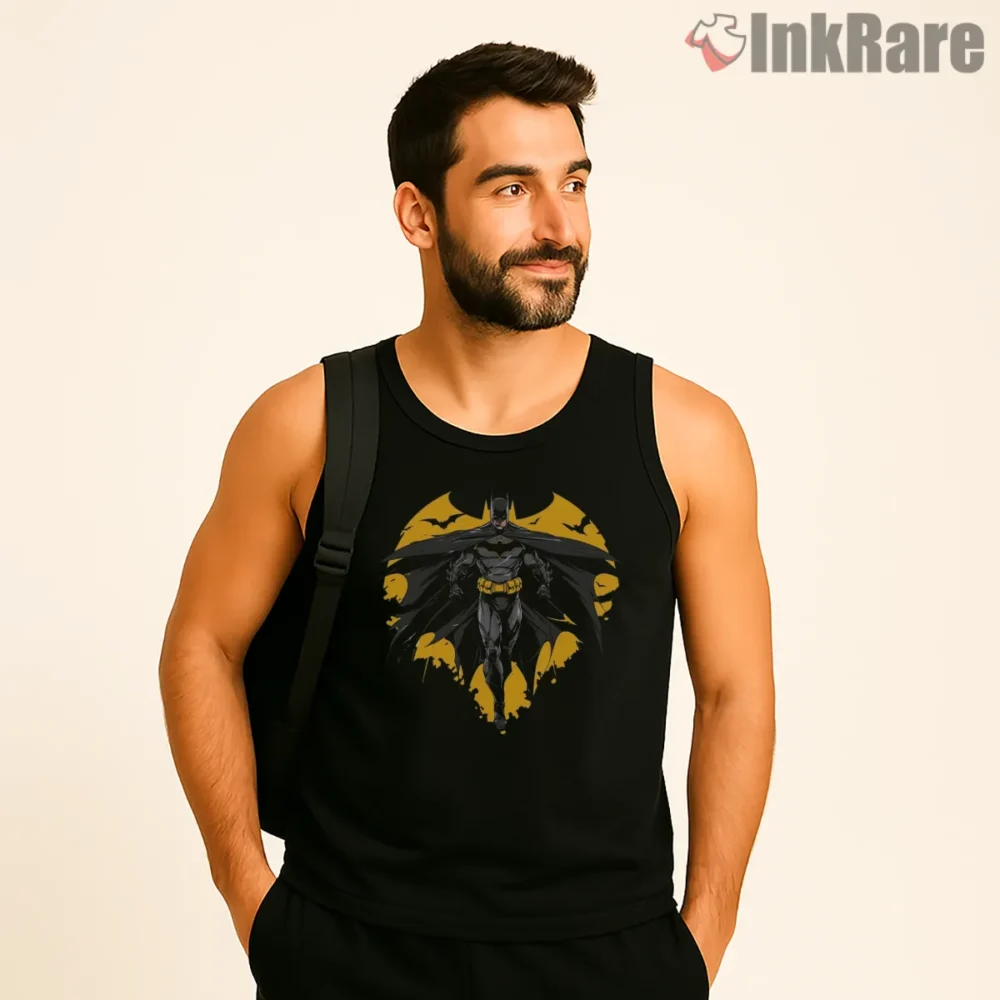 Batman Full Cape Night Guardian Shirt on black tank top for men graphic tee