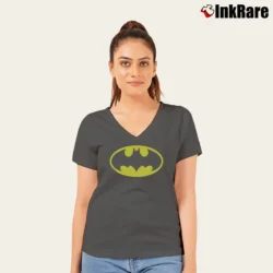 Women’s Batman Glow In The Dark DC Comics Logo V-Neck Tee in charcoal | Chic Neckline, Soft Texture
