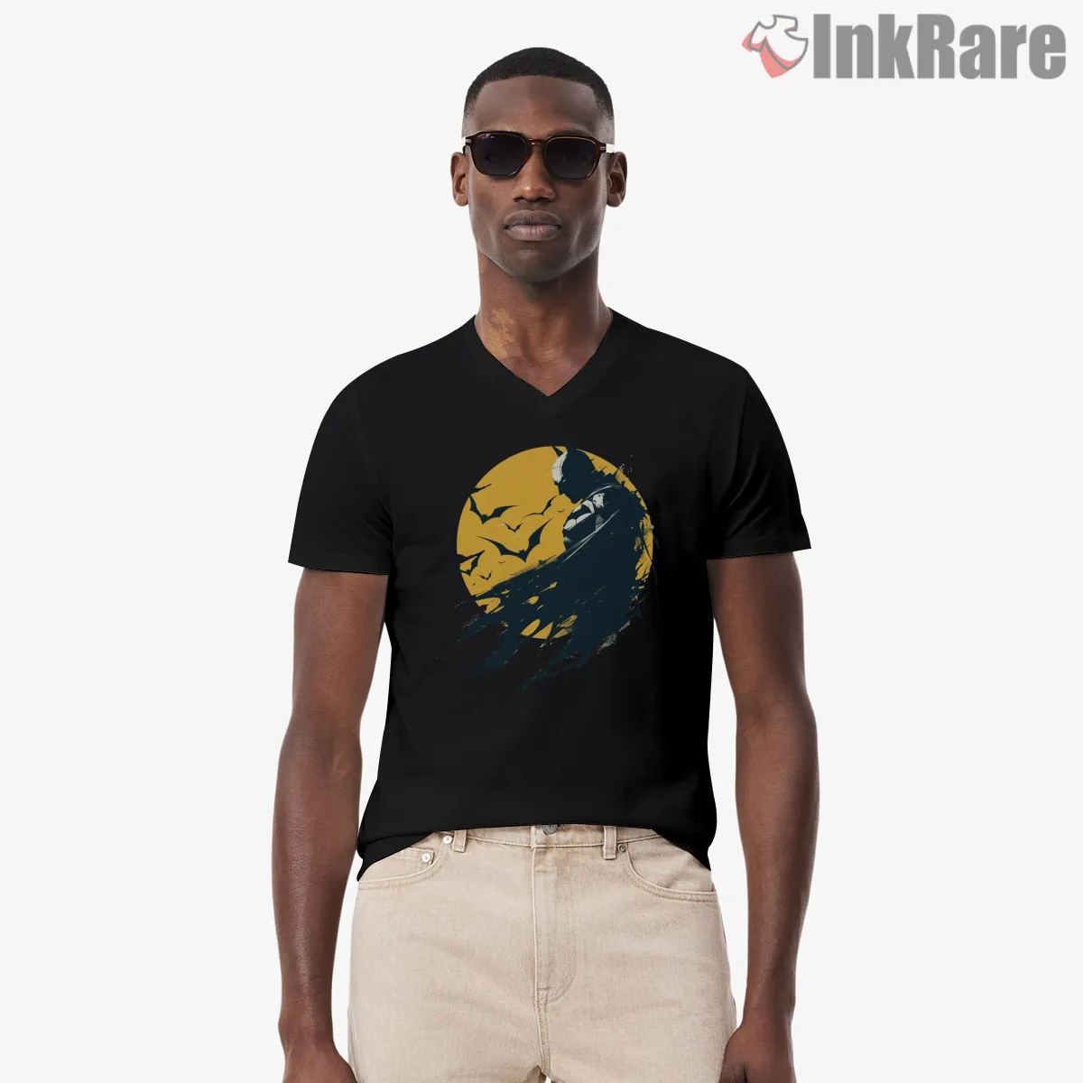 Batman Golden Moon Night Watch V Neck Black Batman Golden Moon Night Watch Shirt on black v-neck shirt for men graphic tee