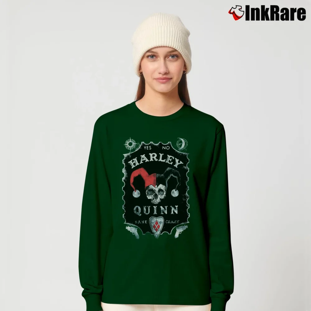 Women’s Batman Harley Quinn Jack Daniels Parody Graphic Long-Sleeve Top in forest green | Sleek, Versatile, All-Season