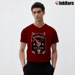 Men’s Batman Harley Quinn Jack Daniels Parody Graphic V-Neck Tee in maroon | Sharp, Breathable, Everyday Staple