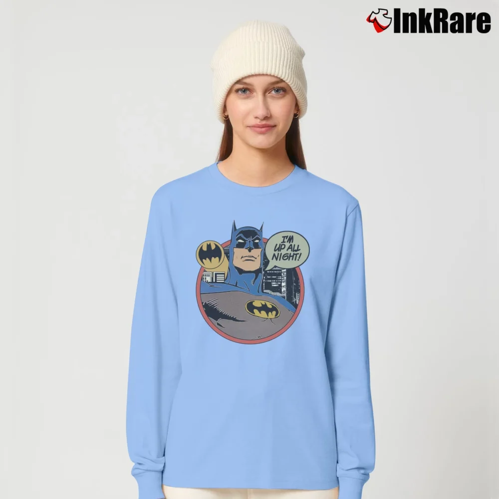 Women’s Batman I'm Up All Night Comic Quote Long-Sleeve Top in light blue | Sleek, Versatile, All-Season