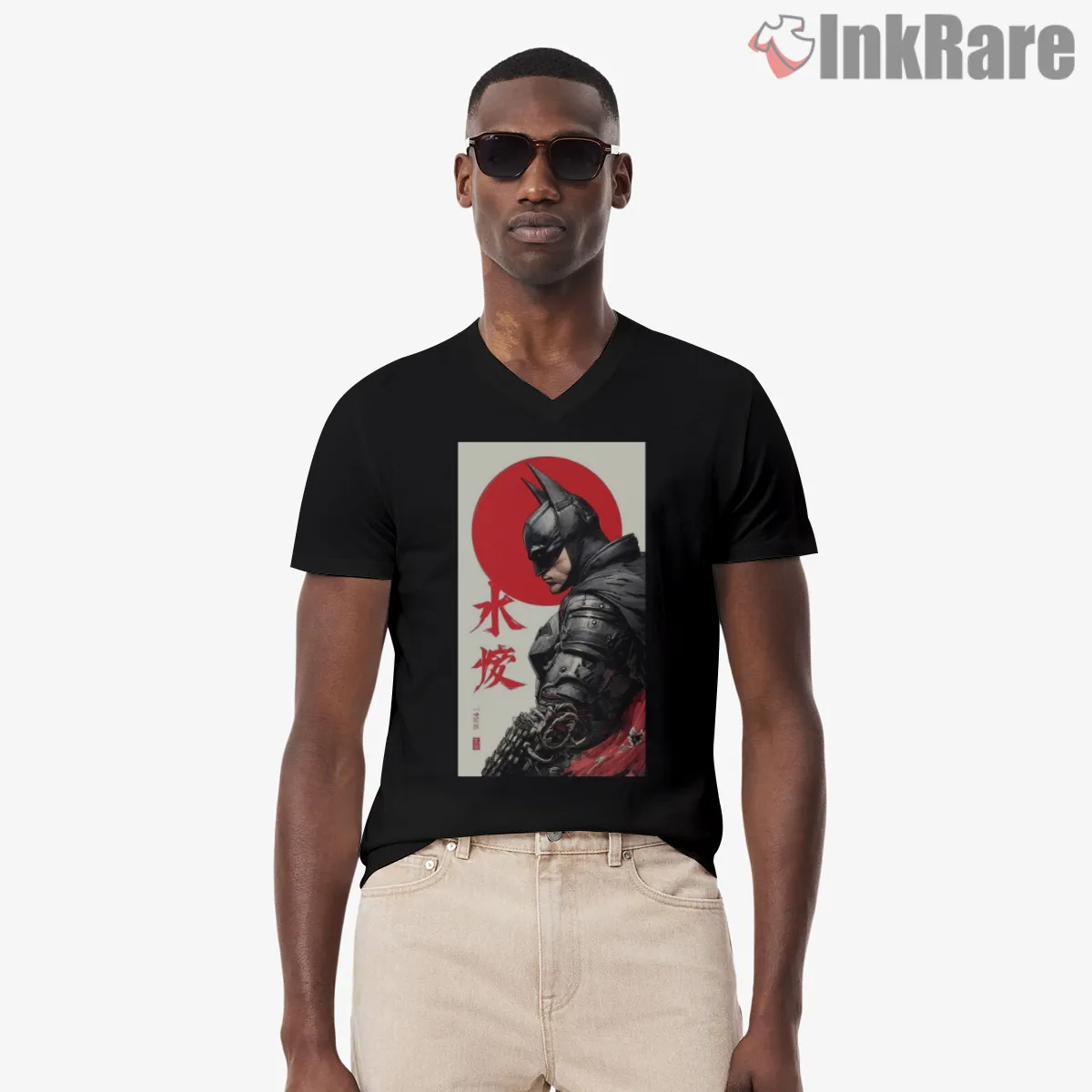 Batman Japan Rising Sun Armor V Neck Black Batman Japan Rising Sun Armor Shirt on black v-neck shirt for men graphic tee