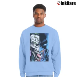 Men’s Batman Joker Split Face Graphic Comic Crewneck Sweatshirt in light blue | Cozy Fabric, Clean Style