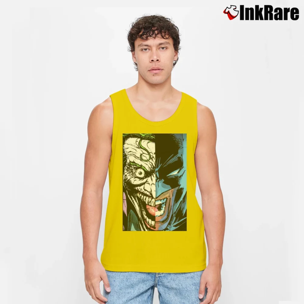 Men’s Batman Joker Split Face Graphic Comic Tank Top in yellow | Breathable, Active-Friendly Design