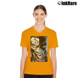 Women’s Batman Joker Split Face Graphic Comic V-Neck Tee in orange | Chic Neckline, Soft Texture