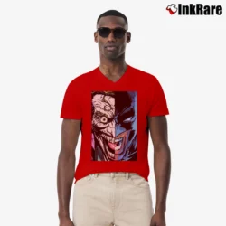 Men’s Batman Joker Split Face Graphic Comic V-Neck Tee in red | Sharp, Breathable, Everyday Staple