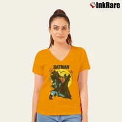 Women’s Batman McFarlane Art Comic Book Graphic V-Neck Tee in orange | Chic Neckline, Soft Texture