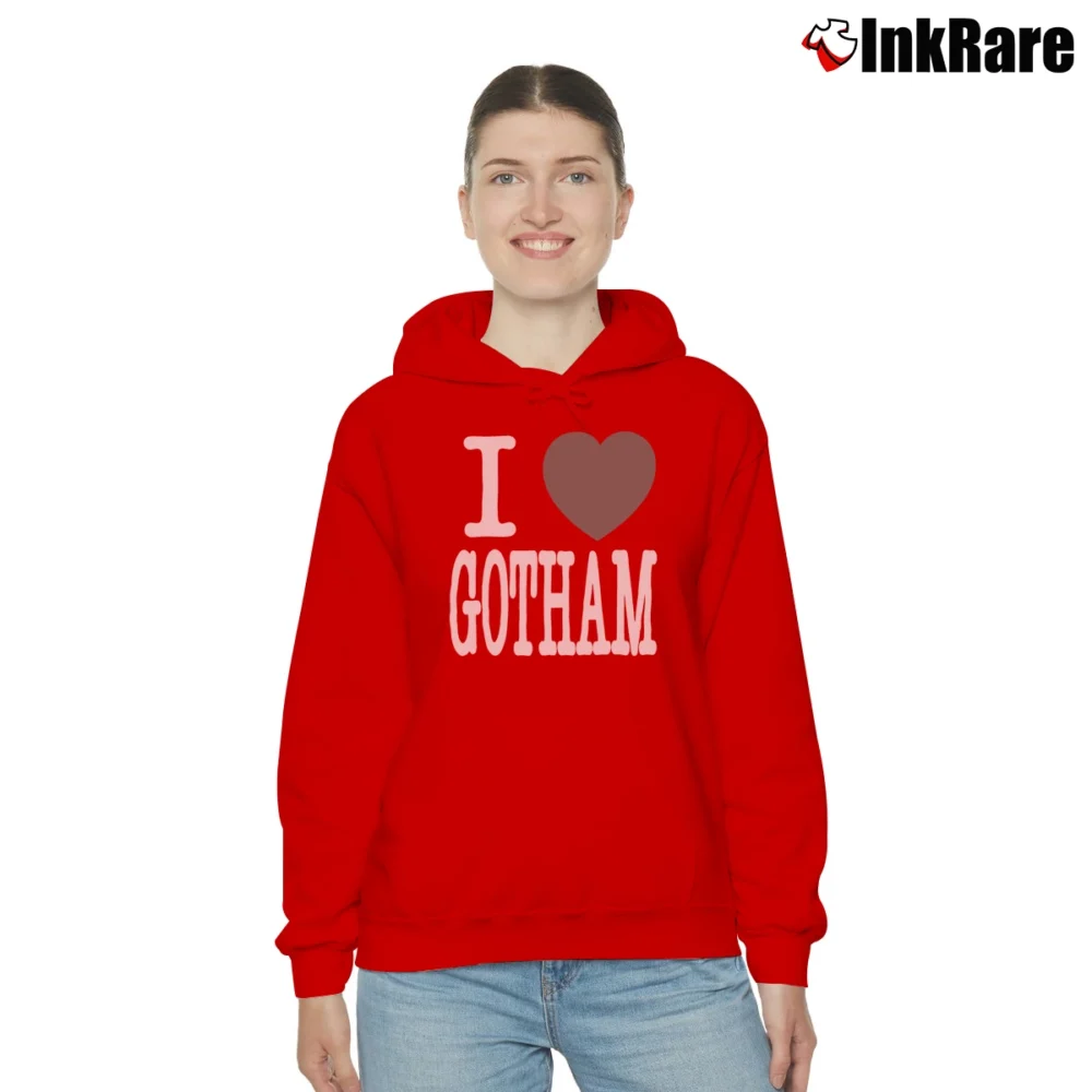 Women’s Batman Number Nine Japanese Brand I Love Gotham Cozy Hoodie in red | Warm, Structured, Stylish