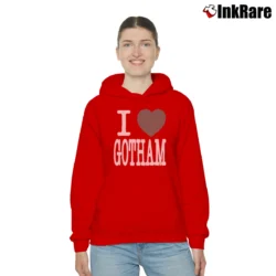 Women’s Batman Number Nine Japanese Brand I Love Gotham Cozy Hoodie in red | Warm, Structured, Stylish