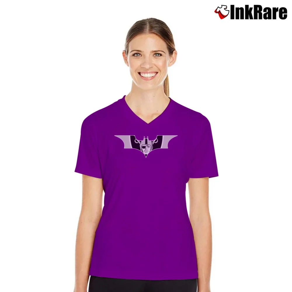 Women’s Batman Raiders NFL Crossover Design V-Neck Tee in purple | Chic Neckline, Soft Texture