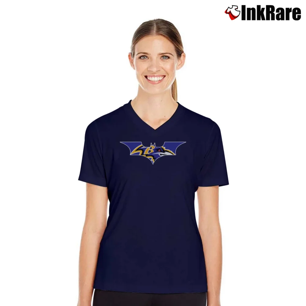 Women’s Batman Ravens NFL Team Crossover Graphic V-Neck Tee in navy | Chic Neckline, Soft Texture