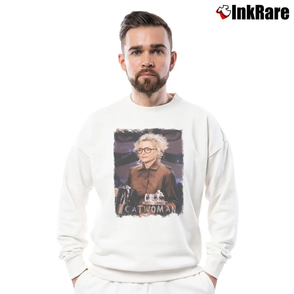 Men’s Batman Returns Catwoman Michelle Pfeiffer Movie Crewneck Sweatshirt in white | Cozy Fabric, Clean Style