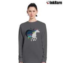 Women’s Batman Riding A Unicorn Funny Graphic Long-Sleeve Top in charcoal | Sleek, Versatile, All-Season